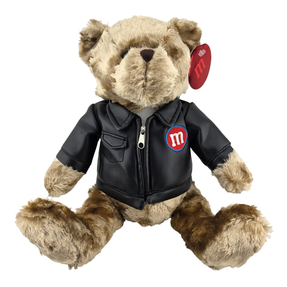 M&M's World Brown Teddy Bear Plush Black Faux Leather Biker Jacket New with Tags